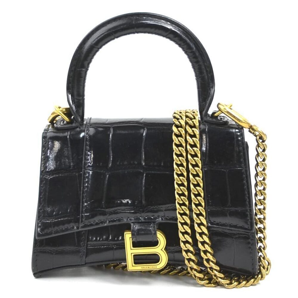 Balenciaga Shoulder Bag Hourglass Embossed Leather Black Gold
